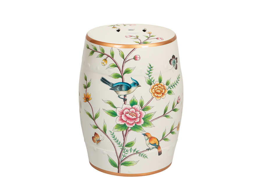 Sgabello in Ceramica Bianco Uccelli Fatto a Mano - Olenna D30xH45cm