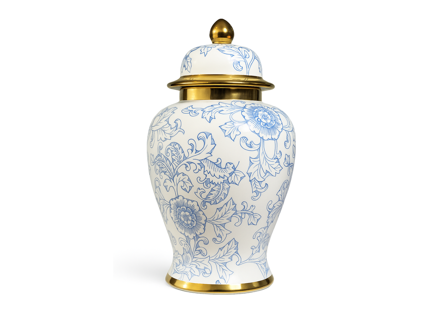 Chinesischer Vase mit Deckel Porzellan Blau Weiß Gold Pfingstrosen Handgefertigt D18xH35cm