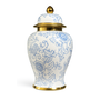 Tarro de Jengibre Chino Porcelana Azul Blanco Oro Peonías Hecho a Mano D18xAl35cm