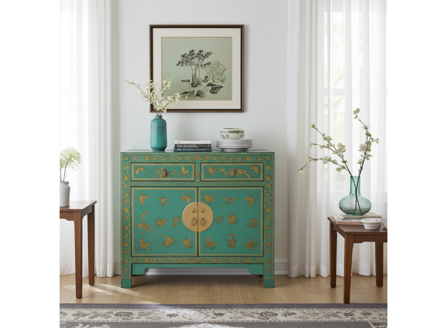 Armadio Cinese Dusty Turquoise Farfalle Dipinto a Mano - Orientique Collezione L90xP40xA80cm