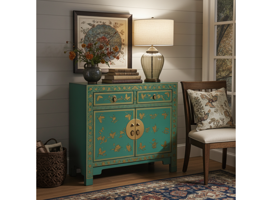 Armadio Cinese Dusty Turquoise Farfalle Dipinto a Mano - Orientique Collezione L90xP40xA80cm