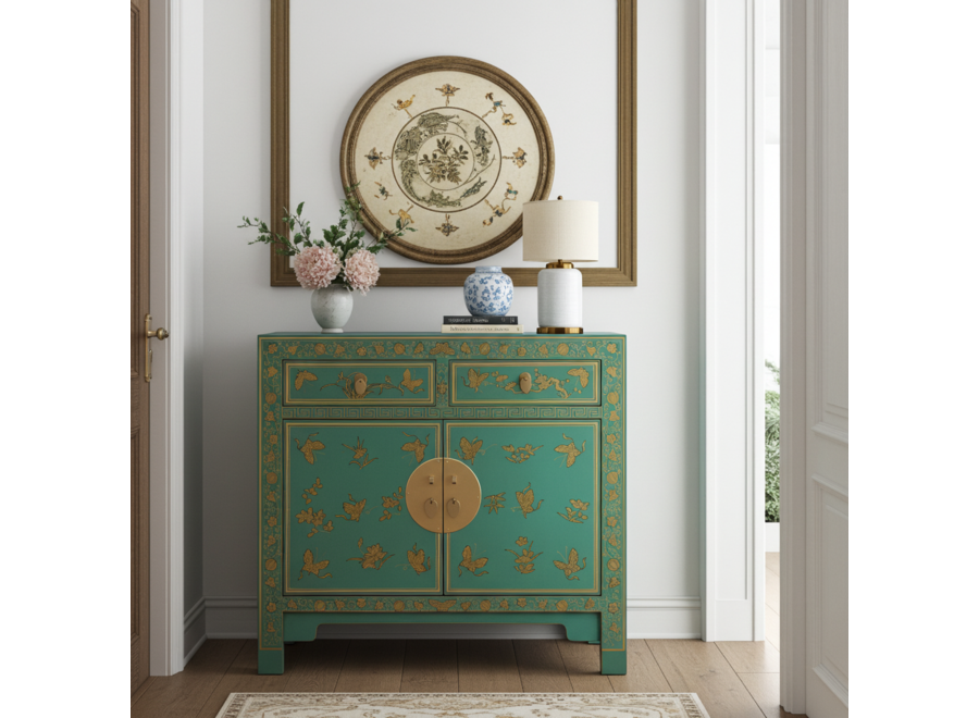 Armadio Cinese Dusty Turquoise Farfalle Dipinto a Mano - Orientique Collezione L90xP40xA80cm