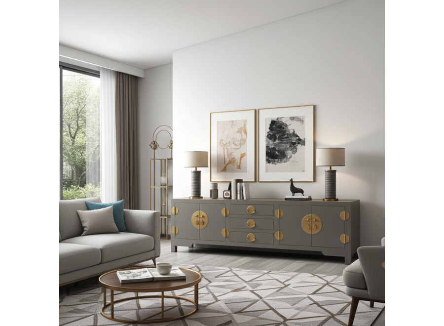 Meuble TV Chinois Gris Olive - Orientique Collection L175xP47xH54cm