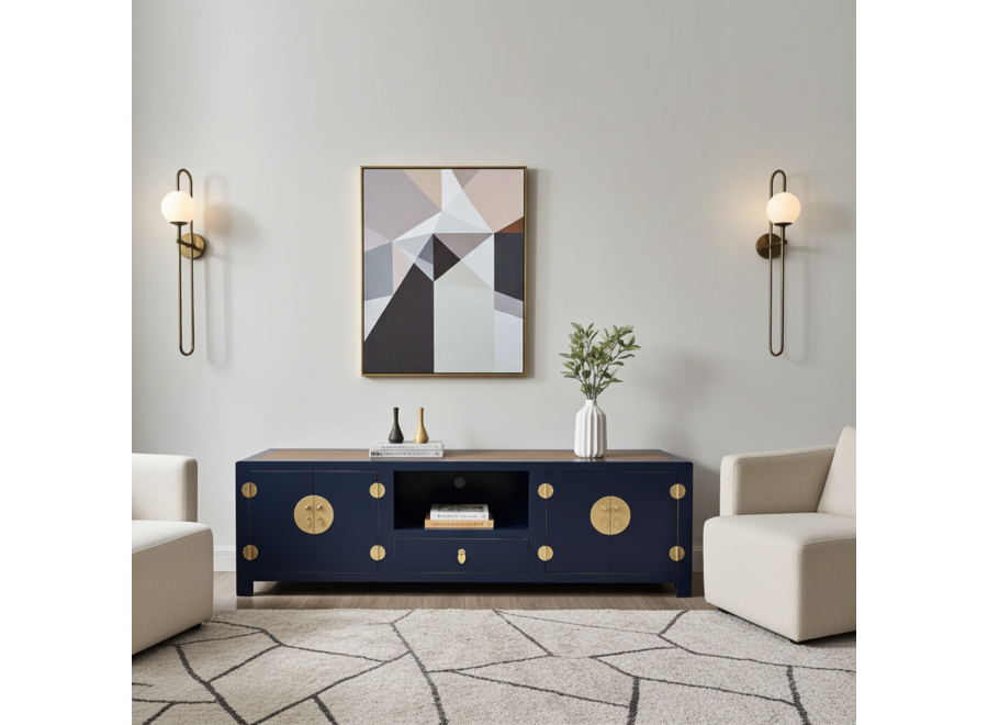 Chinesisches TV Lowboard mit Handgeflochtenem Bambus Nachtblau B190xT56xH56cm