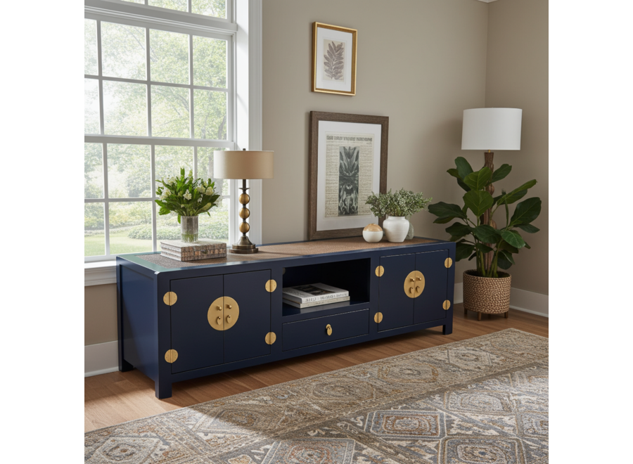 Chinesisches TV Lowboard mit Handgeflochtenem Bambus Nachtblau B190xT56xH56cm