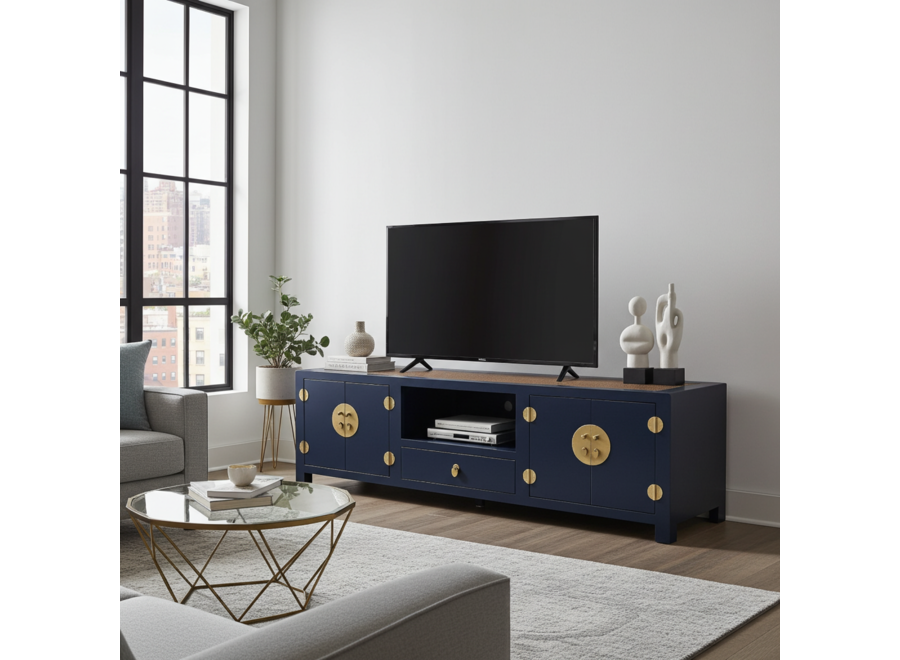 Chinesisches TV Lowboard mit Handgeflochtenem Bambus Nachtblau B190xT56xH56cm