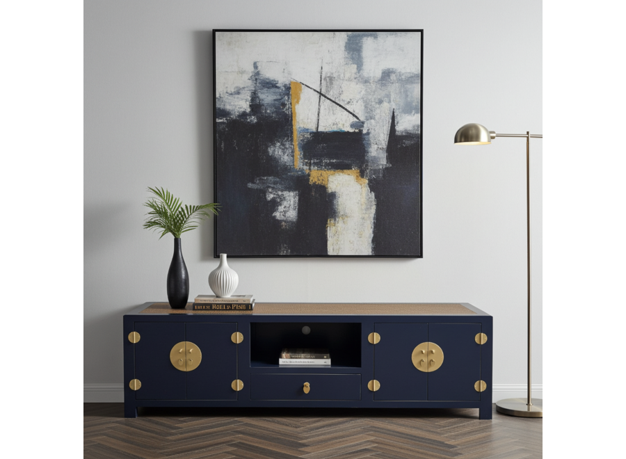 Chinesisches TV Lowboard mit Handgeflochtenem Bambus Nachtblau B190xT56xH56cm