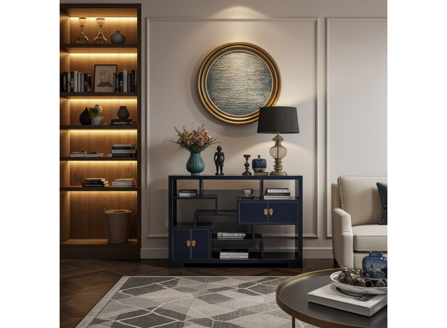 Chinese Bookcase Open Cabinet Midnight Blue - Orientique Collection W108xD35xH80cm