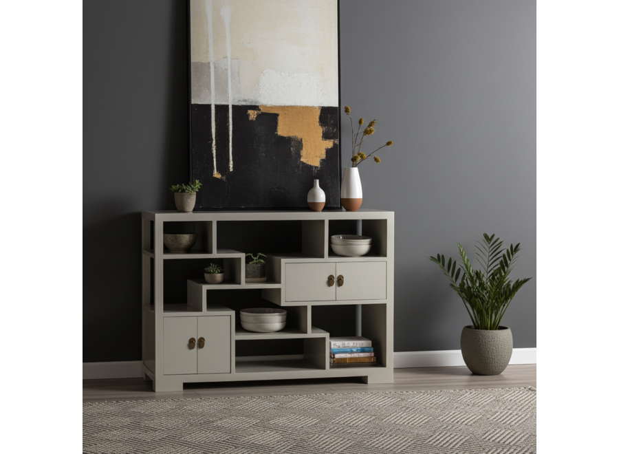 Chinese Bookcase Open Cabinet Moonshine Greige - Orientique Collection W108xD35xH80cm