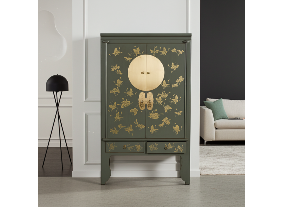 Chinese Wedding Cabinet Olive Grey Hand-Painted - Orientique Collection W105xD55xH175cm