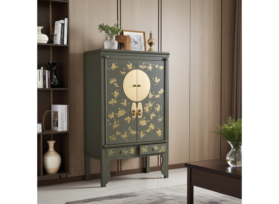 Chinesischer Hochzeitsschrank Olive Grau Handbemalt - Orientique Kollektion B105xT55xH175cm