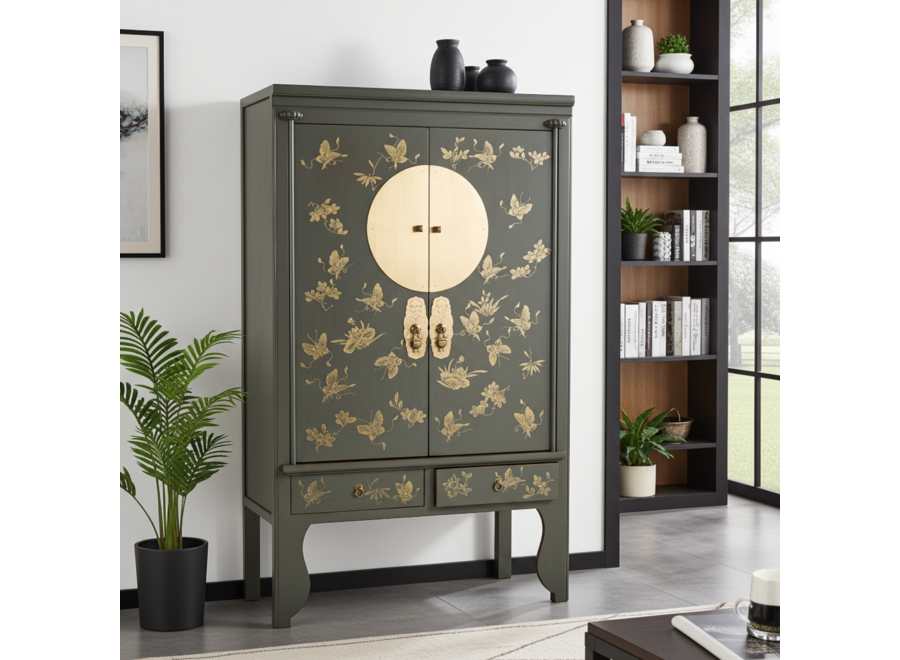 Chinesischer Hochzeitsschrank Olive Grau Handbemalt - Orientique Kollektion B105xT55xH175cm