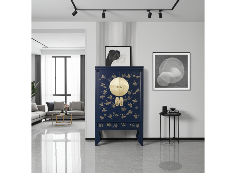 Armadio Nuziale Cinese Blu Notte Dipinto a Mano - Orientique Collezione L100xP55xA175cm