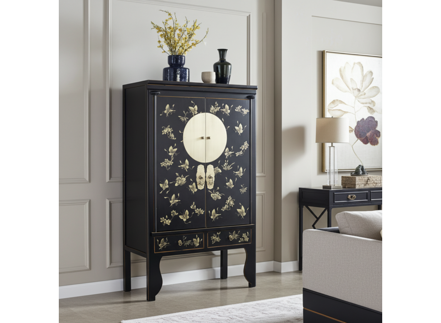 Chinesischer Hochzeitsschrank Onyx Schwarz Handbemalt - Orientique Kollektion B100xT55xH175cm