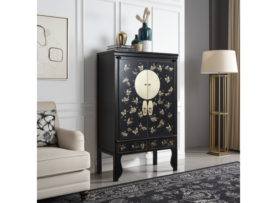 Chinese Wedding Cabinet Onyx Black Hand-Painted - Orientique Collection W100xD55xH175cm