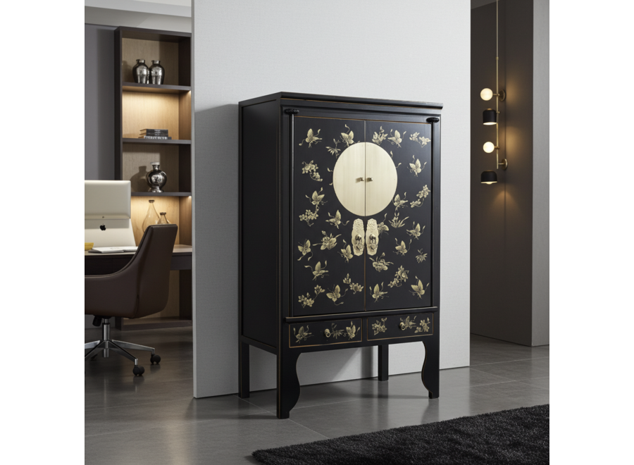 Chinese Wedding Cabinet Onyx Black Hand-Painted - Orientique Collection W100xD55xH175cm