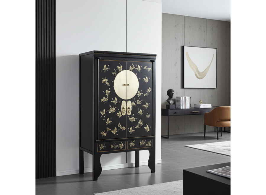 Chinese Wedding Cabinet Onyx Black Hand-Painted - Orientique Collection W100xD55xH175cm