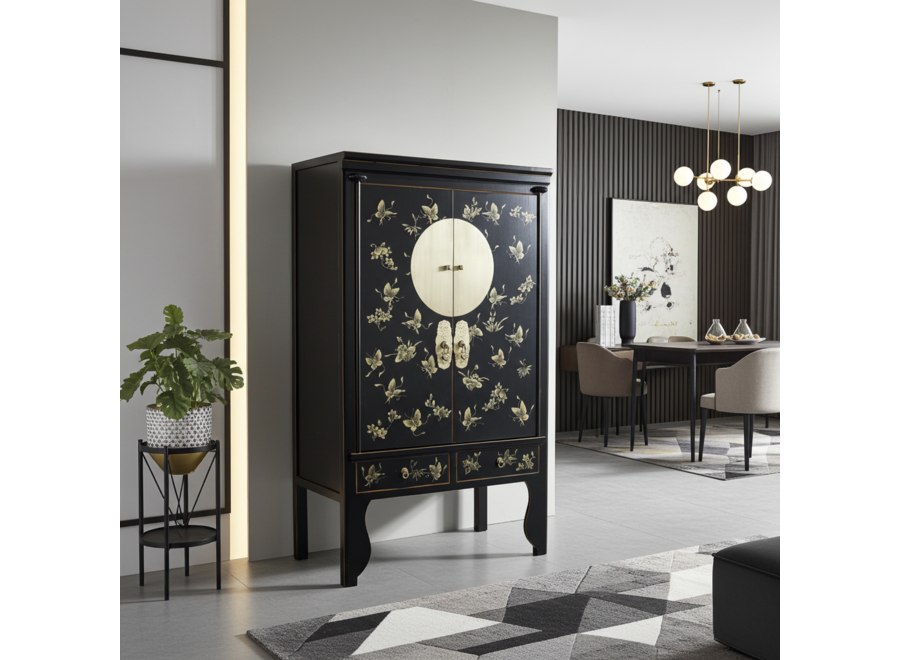 Chinesischer Hochzeitsschrank Onyx Schwarz Handbemalt - Orientique Kollektion B100xT55xH175cm