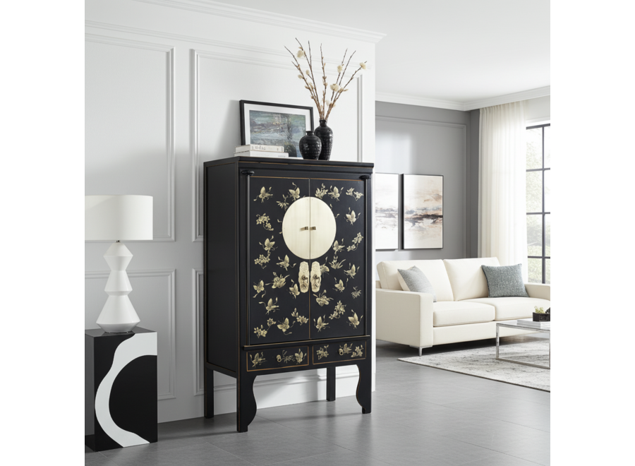 Chinese Wedding Cabinet Onyx Black Hand-Painted - Orientique Collection W100xD55xH175cm