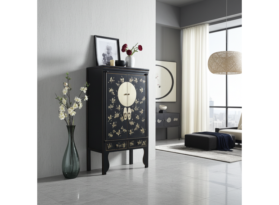 Chinesischer Hochzeitsschrank Onyx Schwarz Handbemalt - Orientique Kollektion B100xT55xH175cm