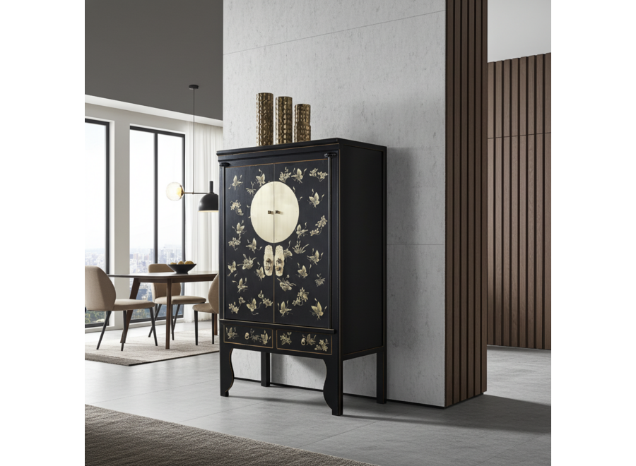 Chinese Wedding Cabinet Onyx Black Hand-Painted - Orientique Collection W100xD55xH175cm