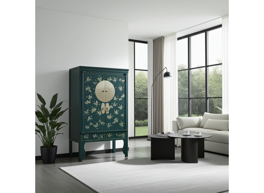 Armario de Boda Chino Pintado a Mano Mariposas Teal - Colección Orientique An.100xP55xAl.175cm