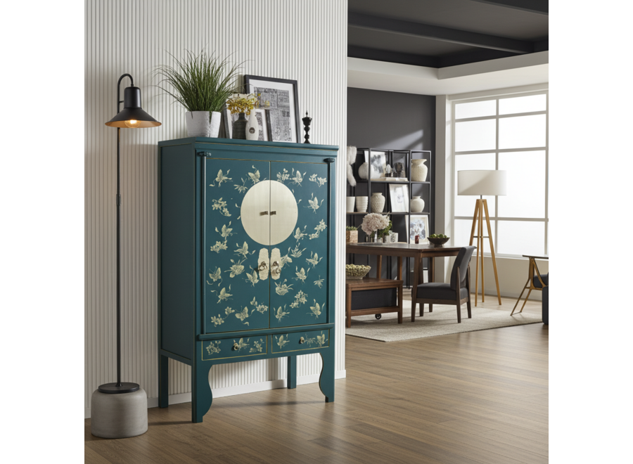 Armario de Boda Chino Pintado a Mano Mariposas Teal - Colección Orientique An.100xP55xAl.175cm
