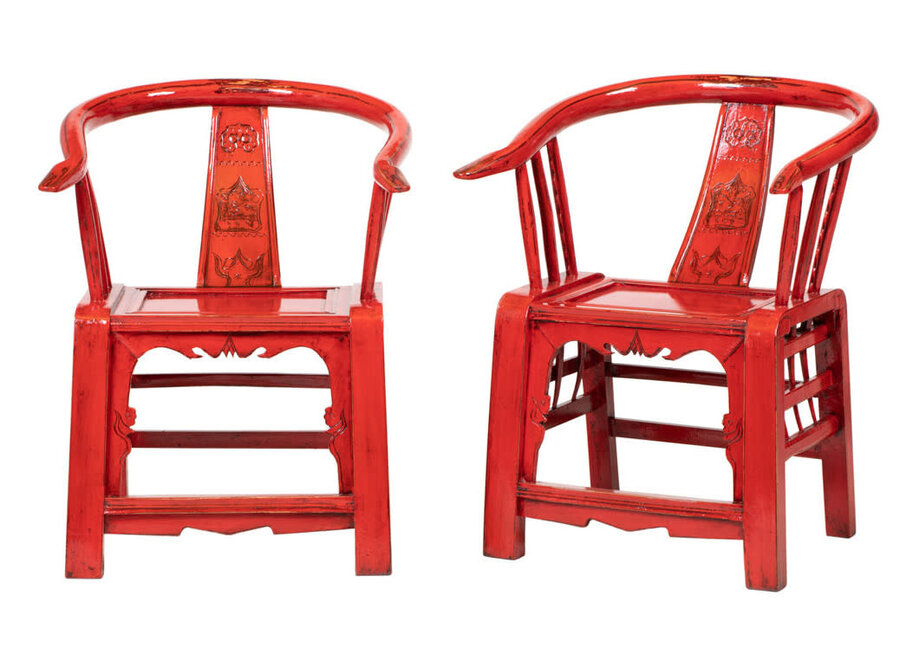 Antique Pair of Carved Chinese Arm Chairs Early 19th Century High Gloss Red