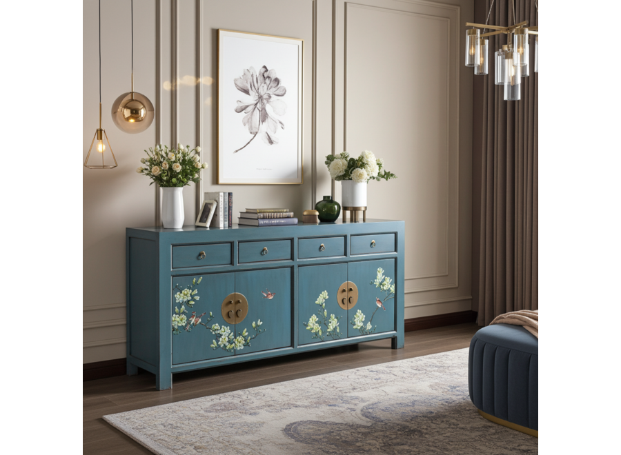 Credenza Cinese Arctic Blu Grigio Dipinto a Mano - Orientique Collezione L180xP40xA85cm