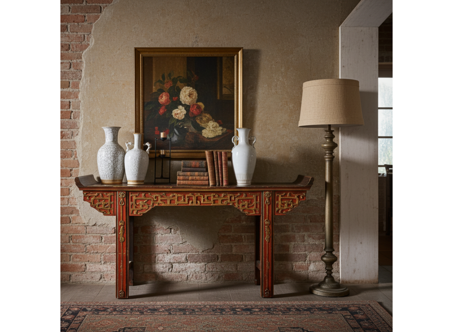 Antike Chinesische Konsole Altartisch Braun Gold Rot Hangeschnitzt B195xT43xH92cm