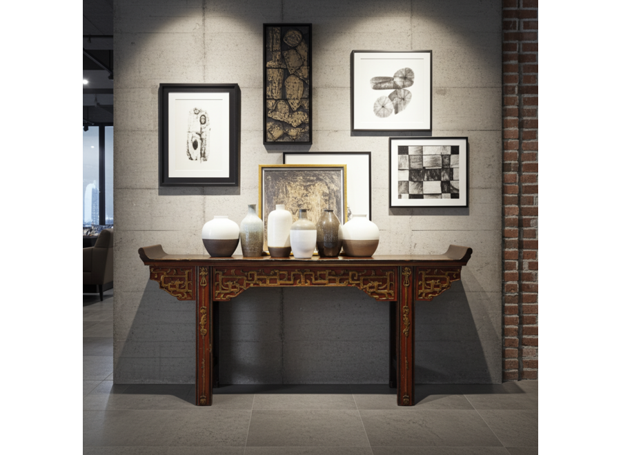 Antike Chinesische Konsole Altartisch Braun Gold Rot Hangeschnitzt B195xT43xH92cm