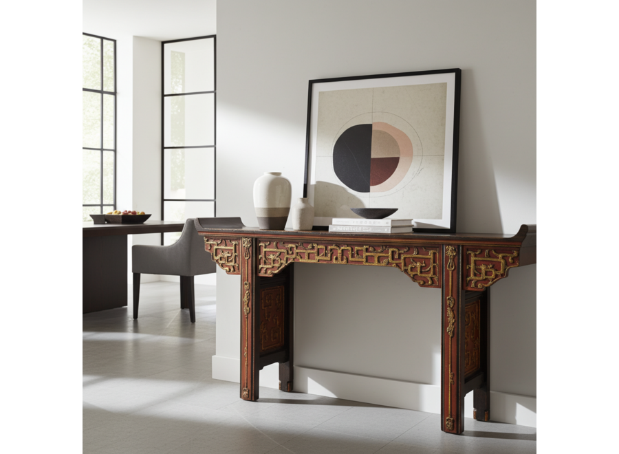 Antike Chinesische Konsole Altartisch Braun Gold Rot Hangeschnitzt B195xT43xH92cm