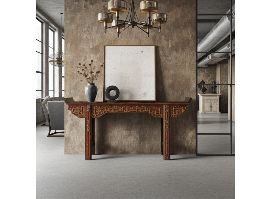 Antike Chinesische Konsole Altartisch Braun Gold Rot Hangeschnitzt B195xT43xH92cm
