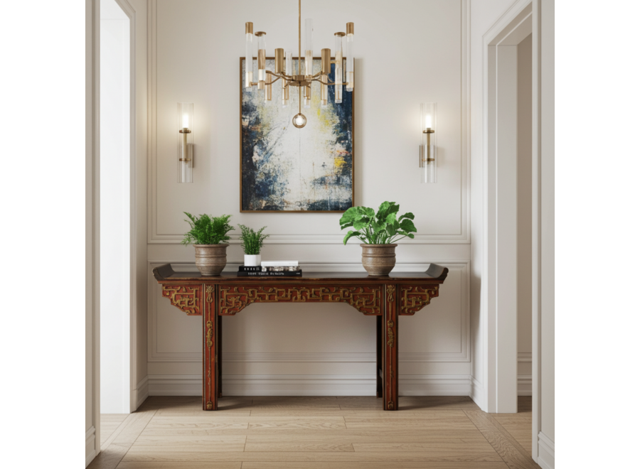 Antike Chinesische Konsole Altartisch Braun Gold Rot Hangeschnitzt B195xT43xH92cm