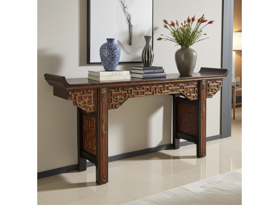 Antike Chinesische Konsole Altartisch Braun Gold Rot Hangeschnitzt B195xT43xH92cm