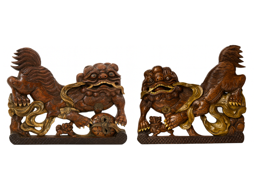 Antique Chinese Foo Dogs Handcarved Wood Set/2 W35xH38cm (each)