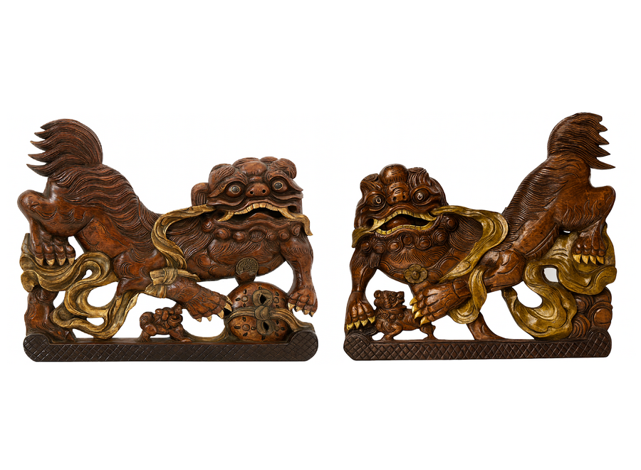 Antique Chinese Foo Dogs Handcarved Wood Set/2 W35xH38cm (each)