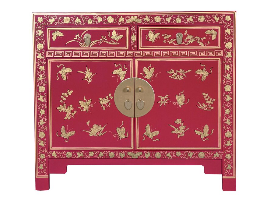 Armoire Chinoise Fuchsia Royale Papillons Peint à la Main - Orientique Collection L90xP40xH80cm