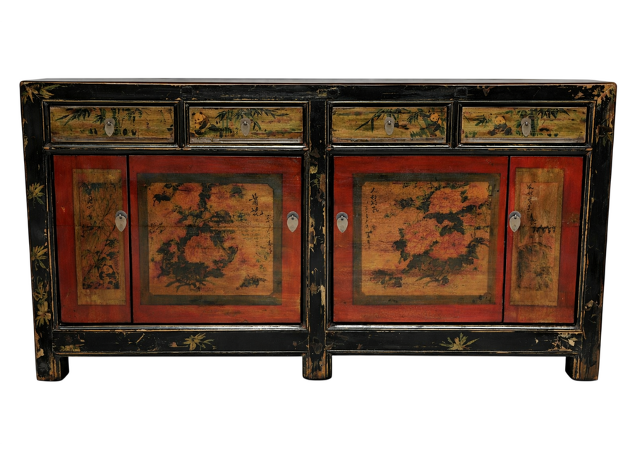 Buffet Chinois Ancien Rouge Fleurs Peintes à la Main L164xP40xH81cm