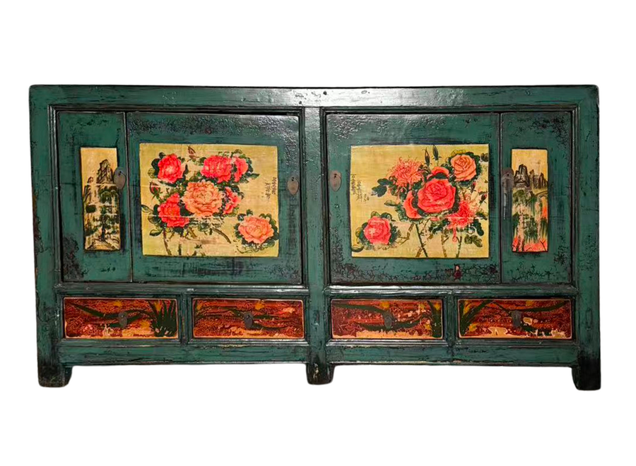 Buffet Chinois Ancien Pivoines Peintes à la Main L171xP40xH87cm