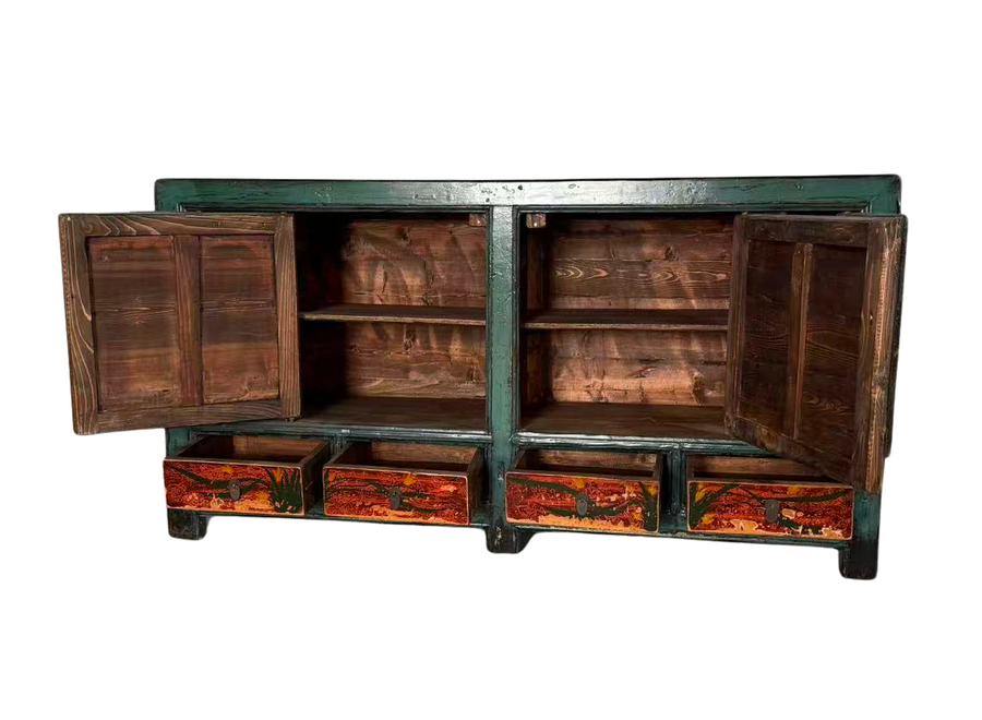 Buffet Chinois Ancien Pivoines Peintes à la Main L171xP40xH87cm