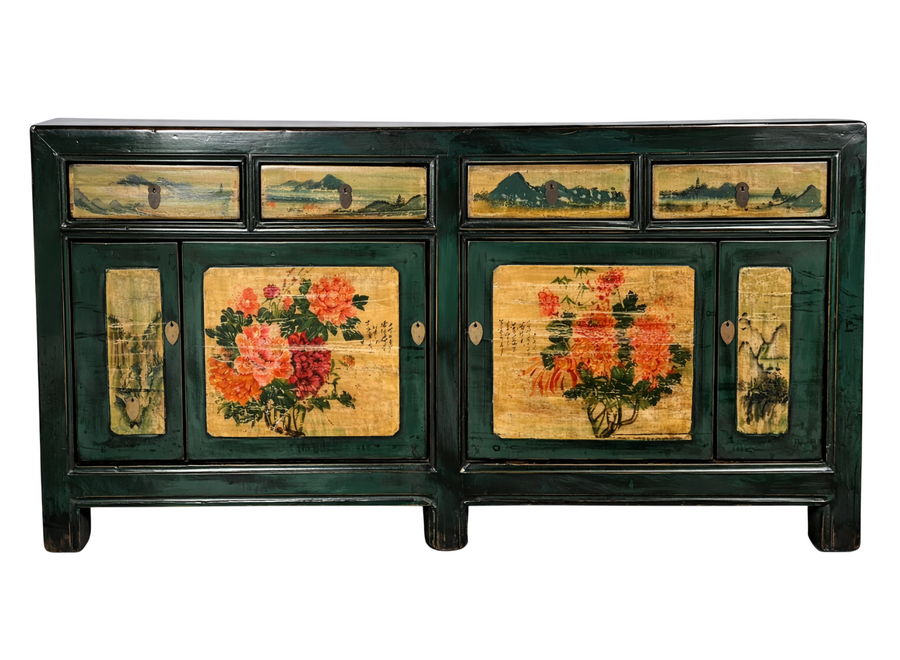 Credenza Cinese Antica Peonie Verde Acqua Dipinta a Mano L176xP45xA85cm