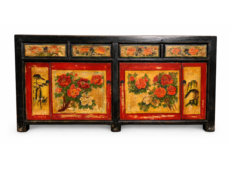 Buffet Chinois Ancien Noir Rouge Pivoines Peintes à la Main L167xP40xH87cm