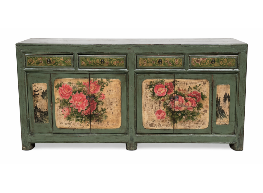 Credenza Cinese Antica Menta Dipinta a Mano con Peonie L203xP43xA84cm