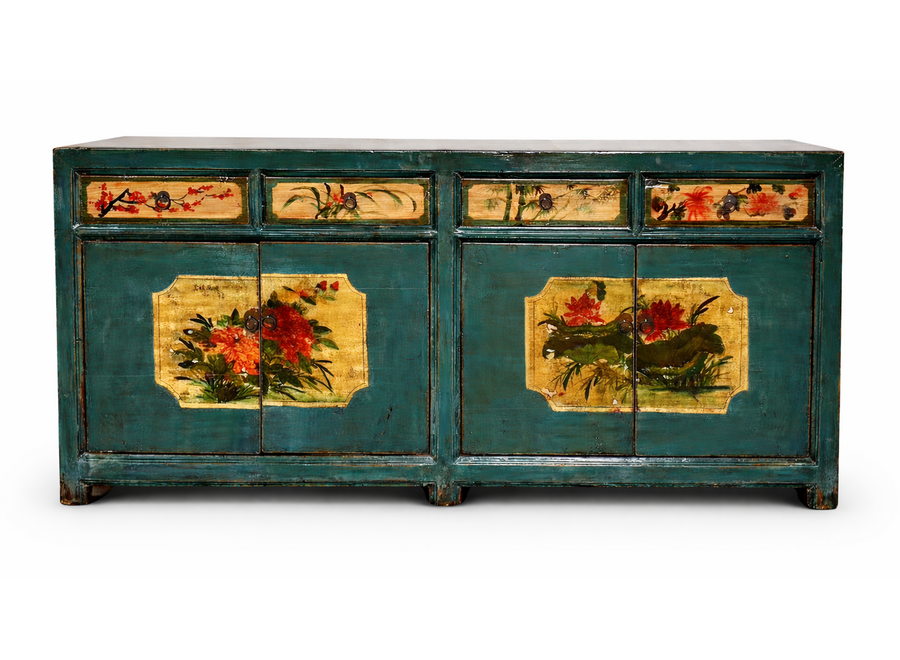 Aparador Chino Antiguo Verde Azulado con Peonías Pintadas a Mano An185xP40xAlt85cm