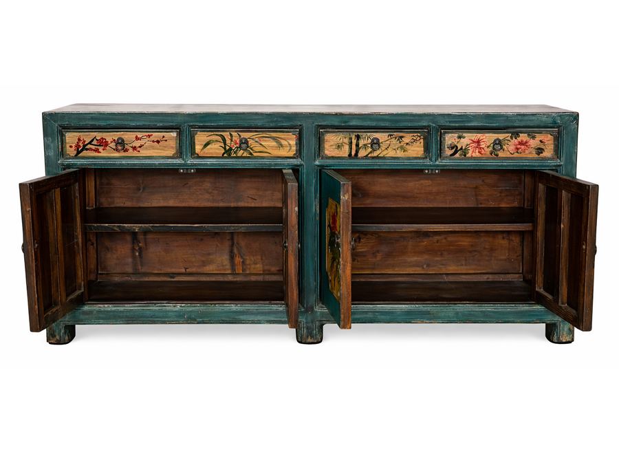 Antikes Chinesisches Sideboard Blaugrün Pfingstrosen Handbemalt B185xT40xH85cm