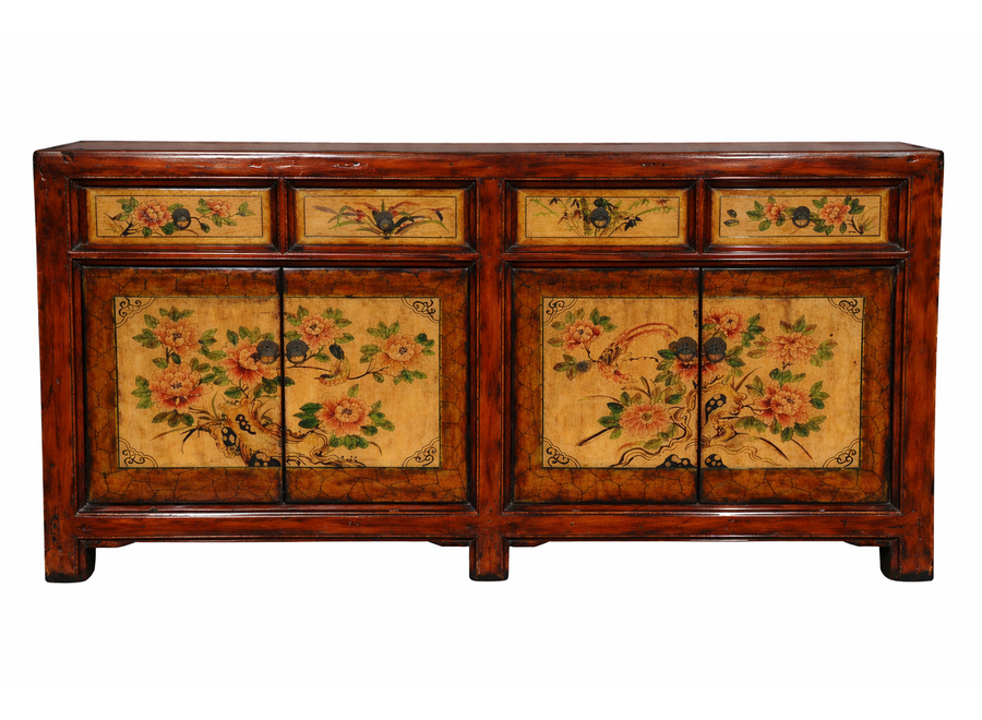 Buffet Chinois Ancien Pivoines Peintes à la Main L159xP42xH82cm