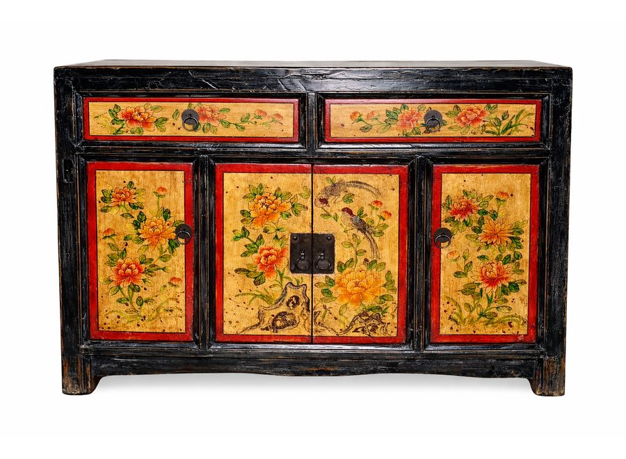 Credenza Cinese Antica Dipinta a Mano con Peonie L110xP42xA85cm