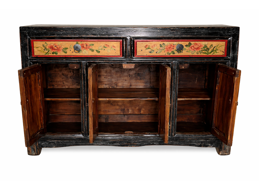 Antique Chinese Sideboard Handpainted Peonies W110xD42xH85cm