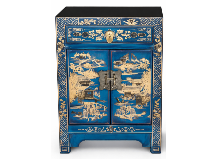 Chinesischer Nachttisch Blau Handbemalt mit Dorflandschaft B40xT32xH60cm